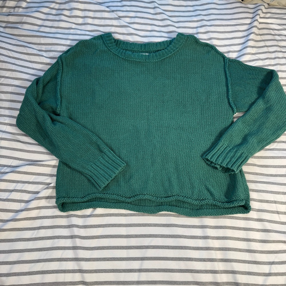 American Eagle Womens XS Green Chunky Knit Cotton Oversized Exposed Seam Sweater